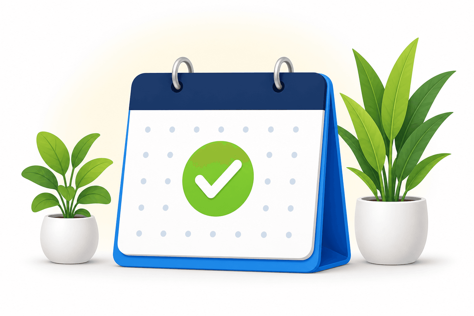Calendar with check mark and potted plants