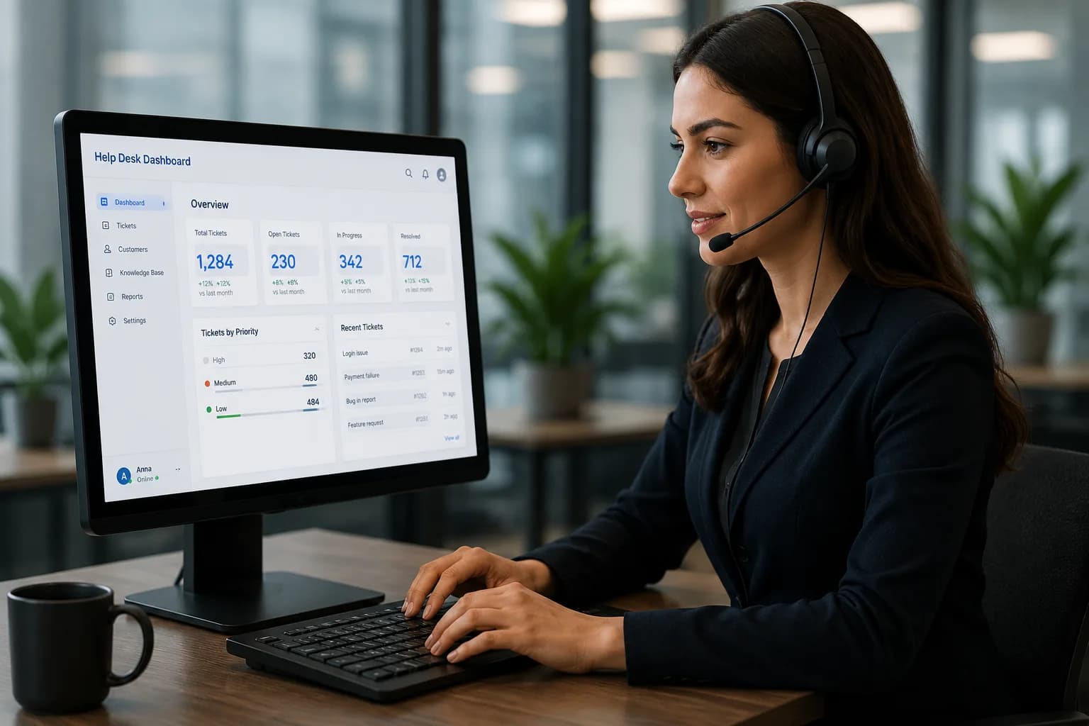 Woman with headset working at a computer in a modern office
