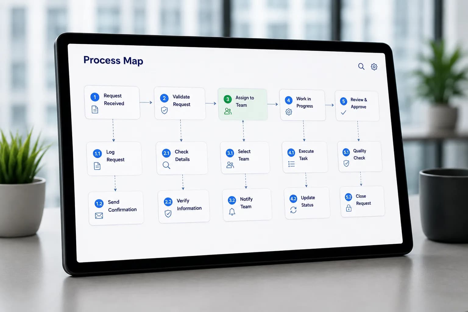 Computer monitor displaying a digital process map