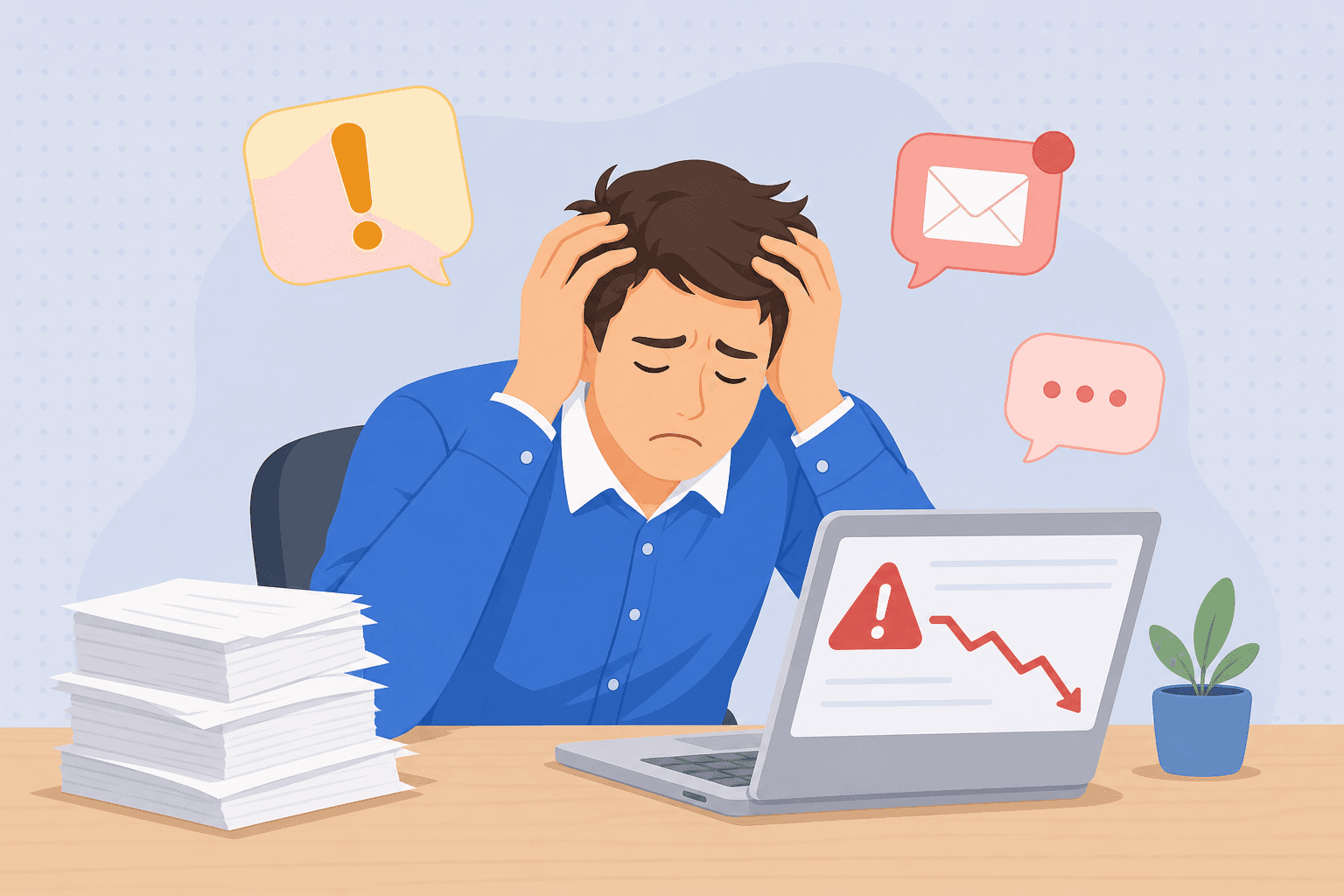 Stressed business owner overwhelmed by manual work
