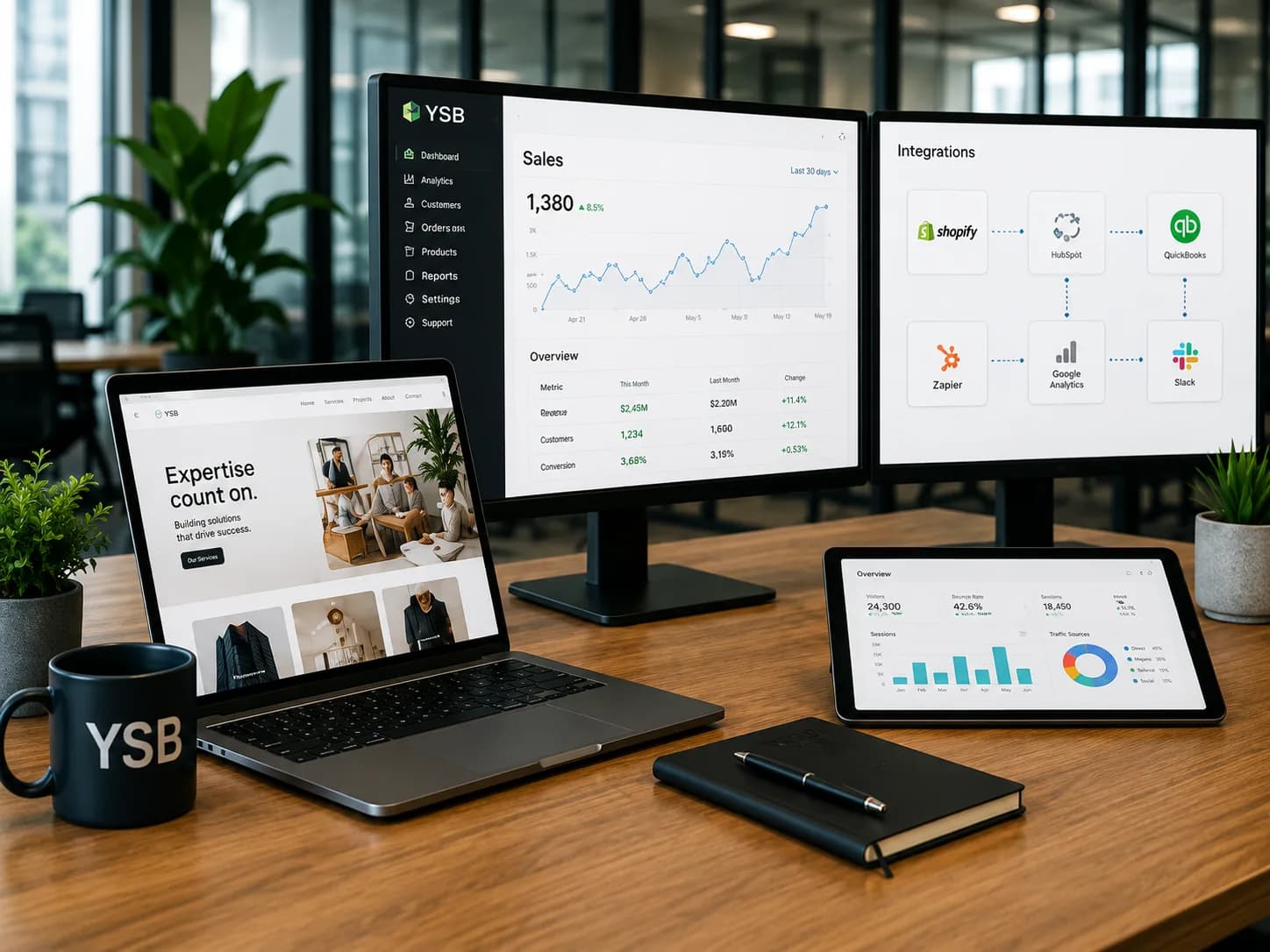 Clean modern desk showing e-commerce website on laptop and monitors