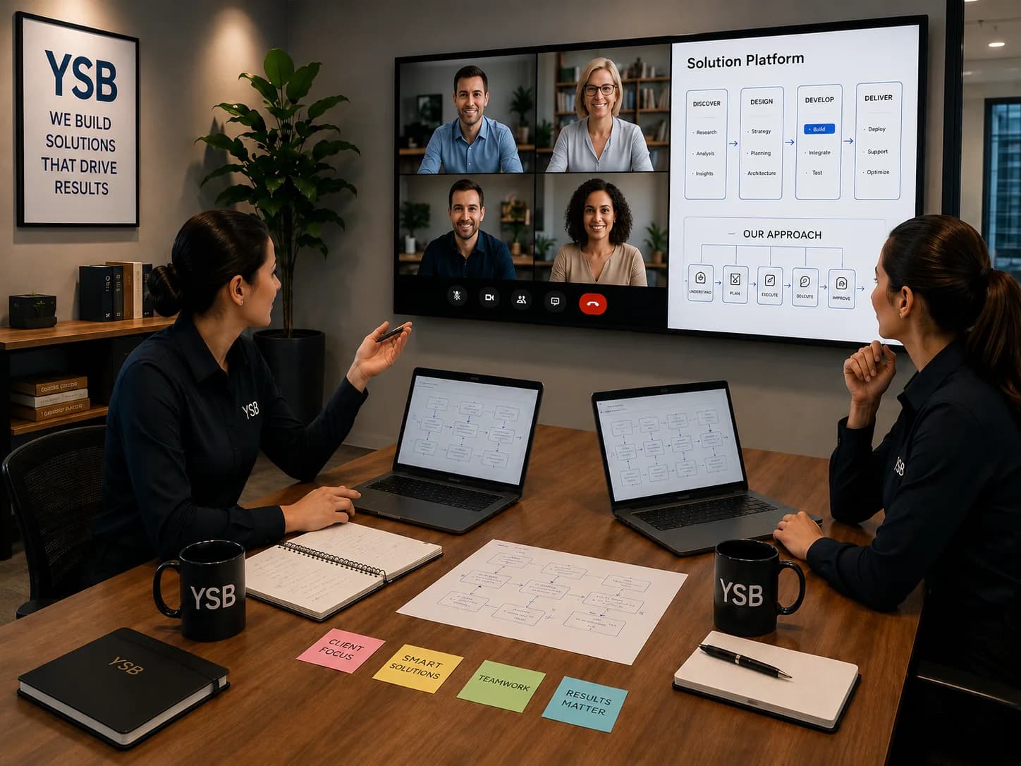 Team of designers and engineers collaborating in front of a big wall screen