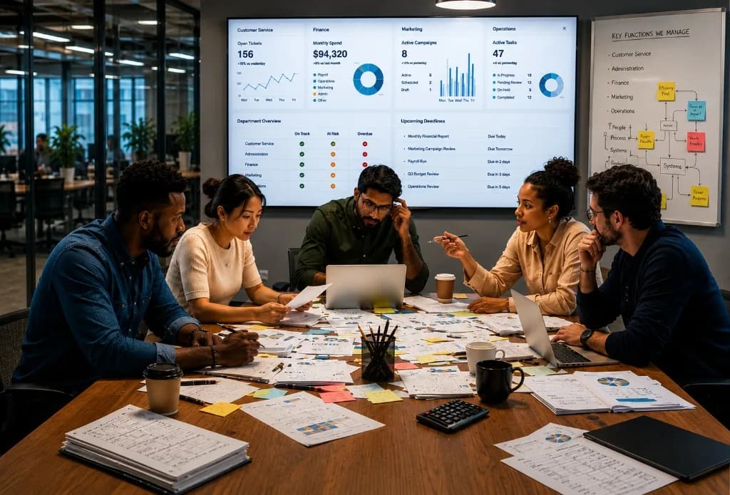 YSB team collaborating in office with dashboard background