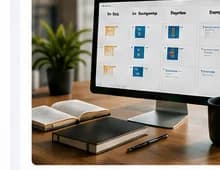 Desktop monitor and notebook on a clean office desk