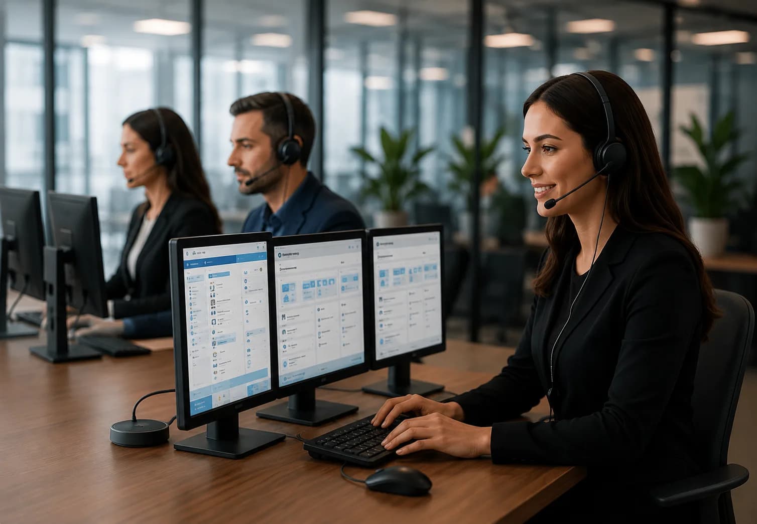 Professional woman with headset working at dual monitors
