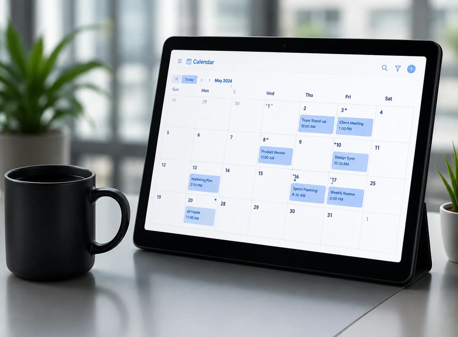 Tablet on a desk showing a digital calendar next to a coffee mug