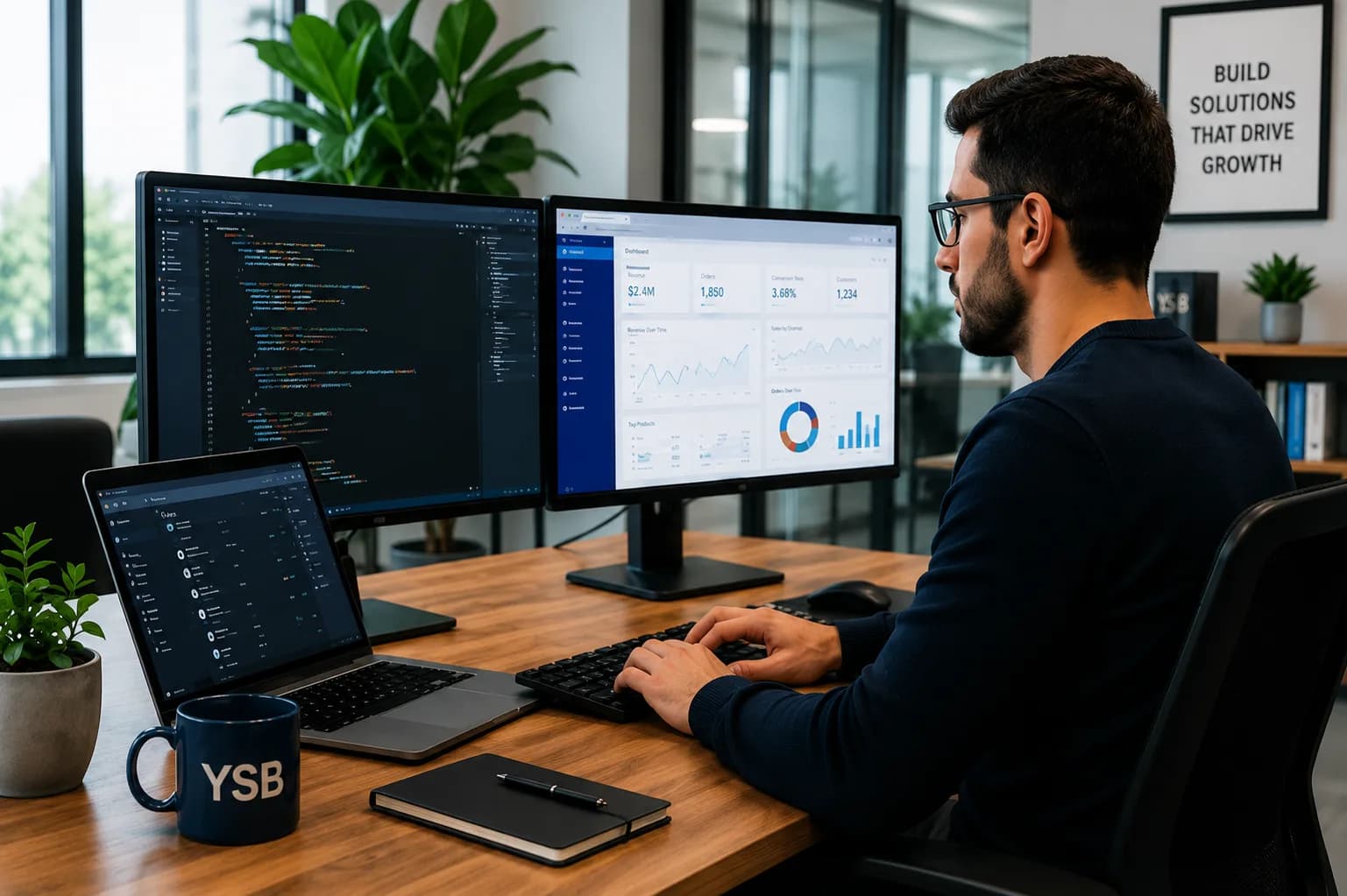 YSB software engineer working at wooden desk with monitors