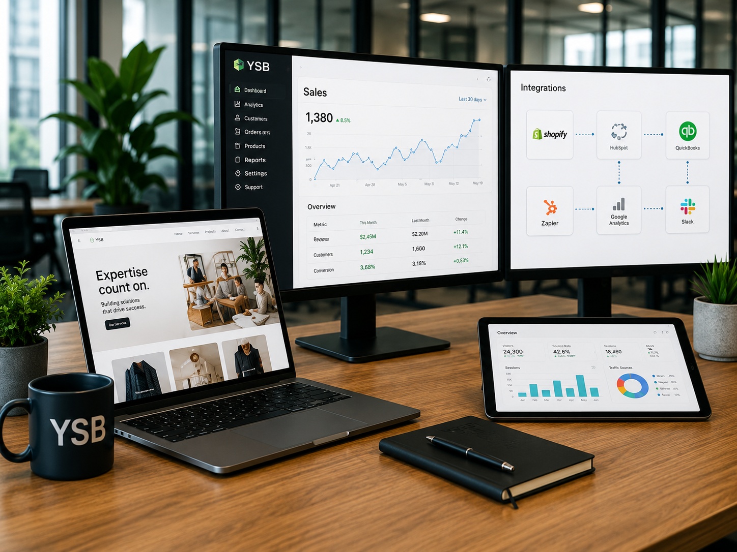 Clean modern desk showing e-commerce website on laptop and monitors