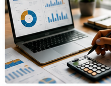 Laptop and calculator with business charts on a desk